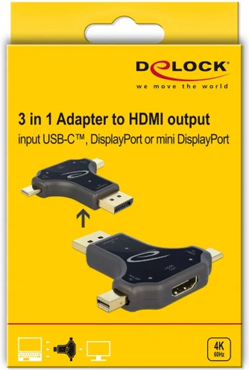 Delock 64060 3-in-1 Monitor Adapter USB-C/DisplayPort/mini DisplayPort naar HDMI - 4K 60Hz - Zwart