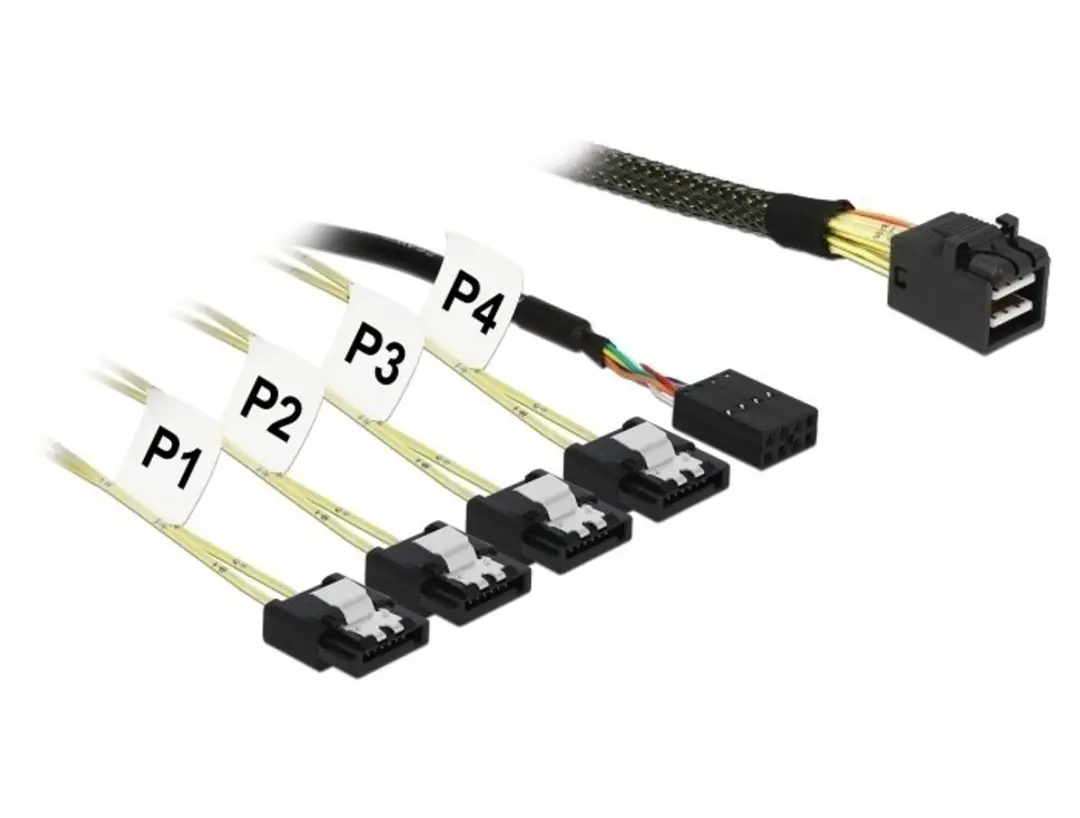 Delock Mini SAS HD SFF-8643 naar 4x SATA 7 Pin 1m Kabel - Zwart