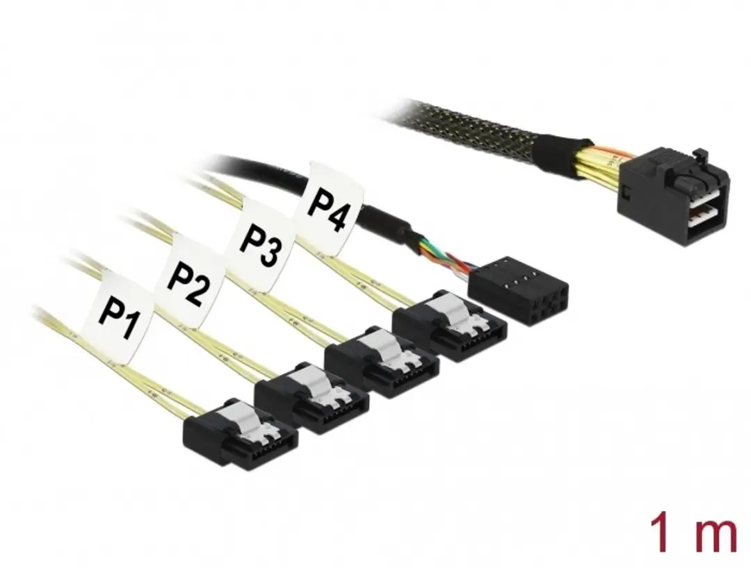 Delock Mini SAS HD SFF-8643 naar 4x SATA 7 Pin 1m Kabel