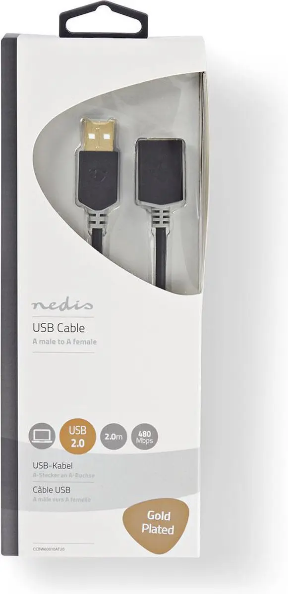 Nedis USB 2.0 A-A Kabel 2m - Verguld - Antraciet