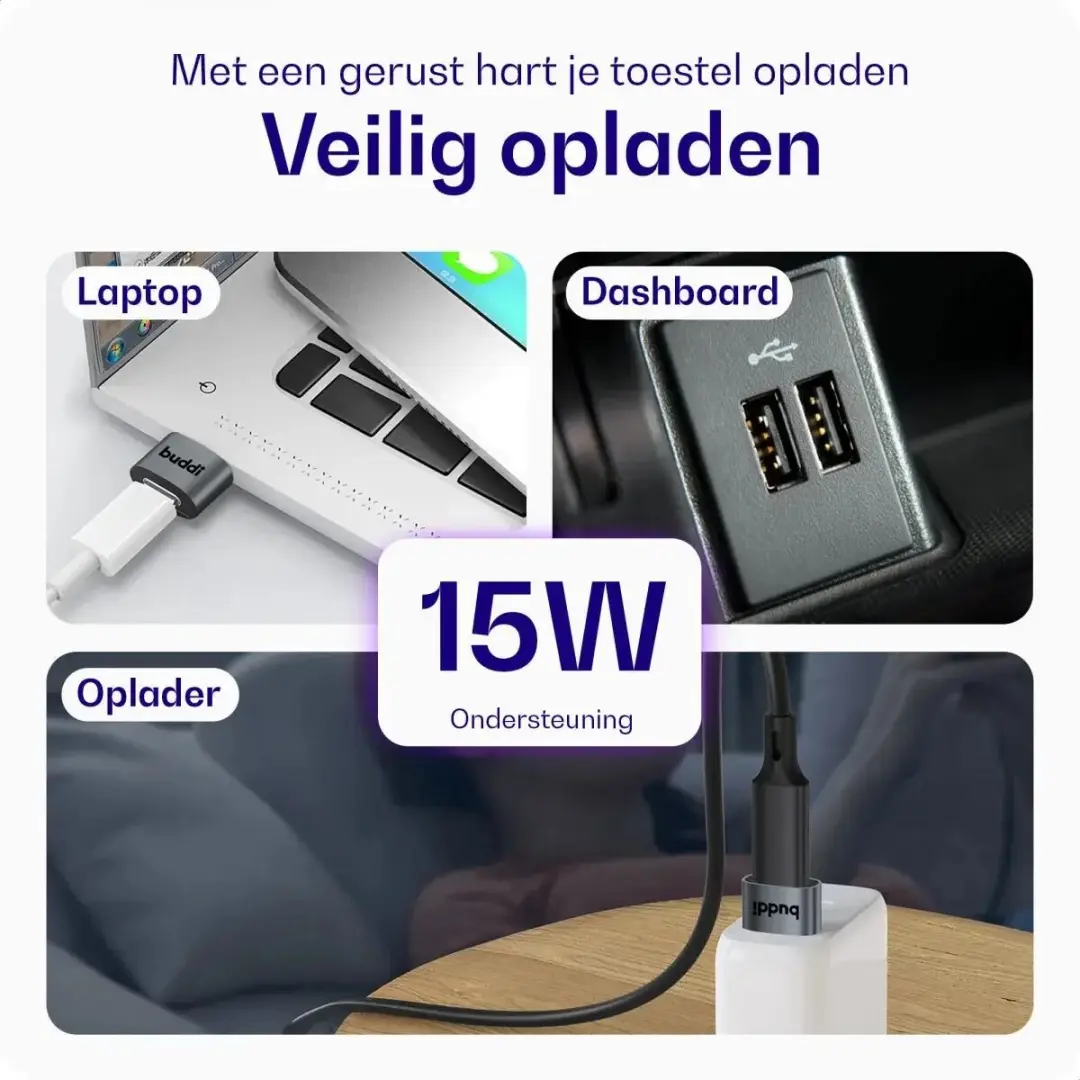 Buddi Ease USB-C naar USB-A Adapter - 3 Stuks - Grijs