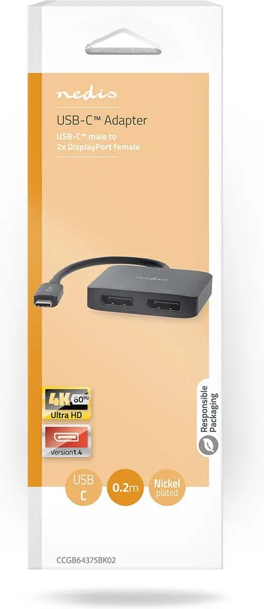 Nedis CCGB64375BK02 USB-C Adapter - 2x DisplayPort - 4K@60Hz - 0,2m - Zwart