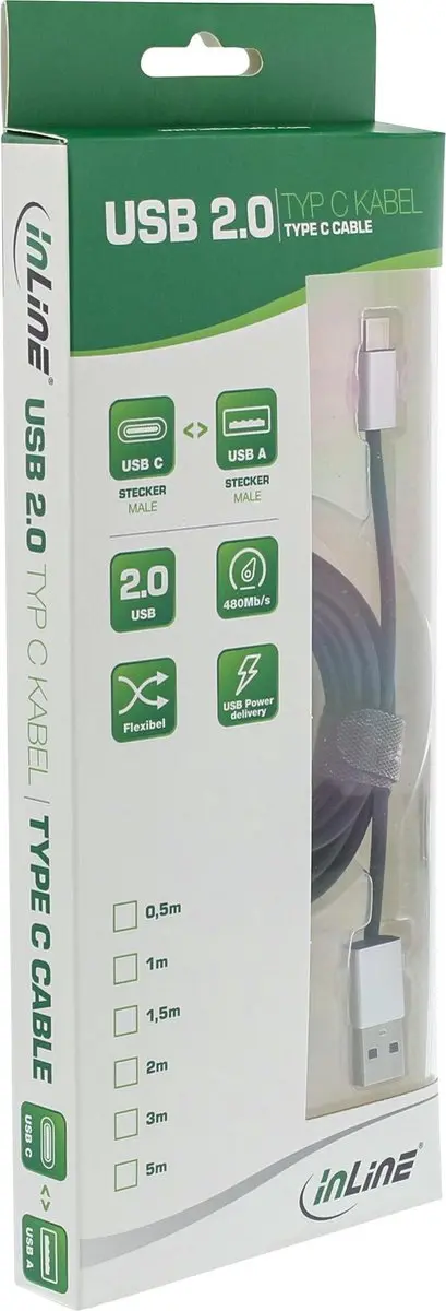 InLine USB-C naar USB-A Kabel 5m - USB 2.0 - 1A - Zwart