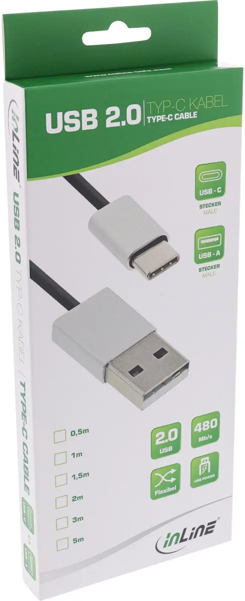 InLine USB-C naar USB-A Kabel 5m - USB 2.0 - 1A - Zwart