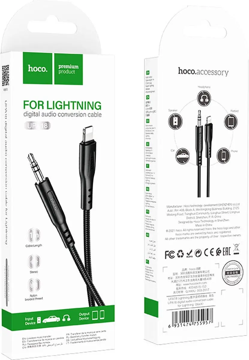 Hoco Lightning Audio Kabel 3.5mm 1m - Zwart