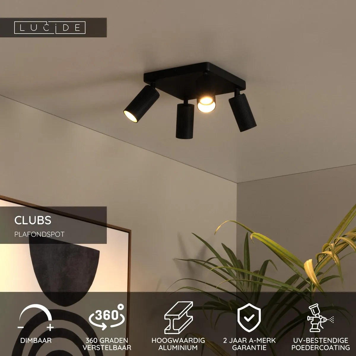 Lucide CLUBS Plafondspot 4xGU10 - Zwart