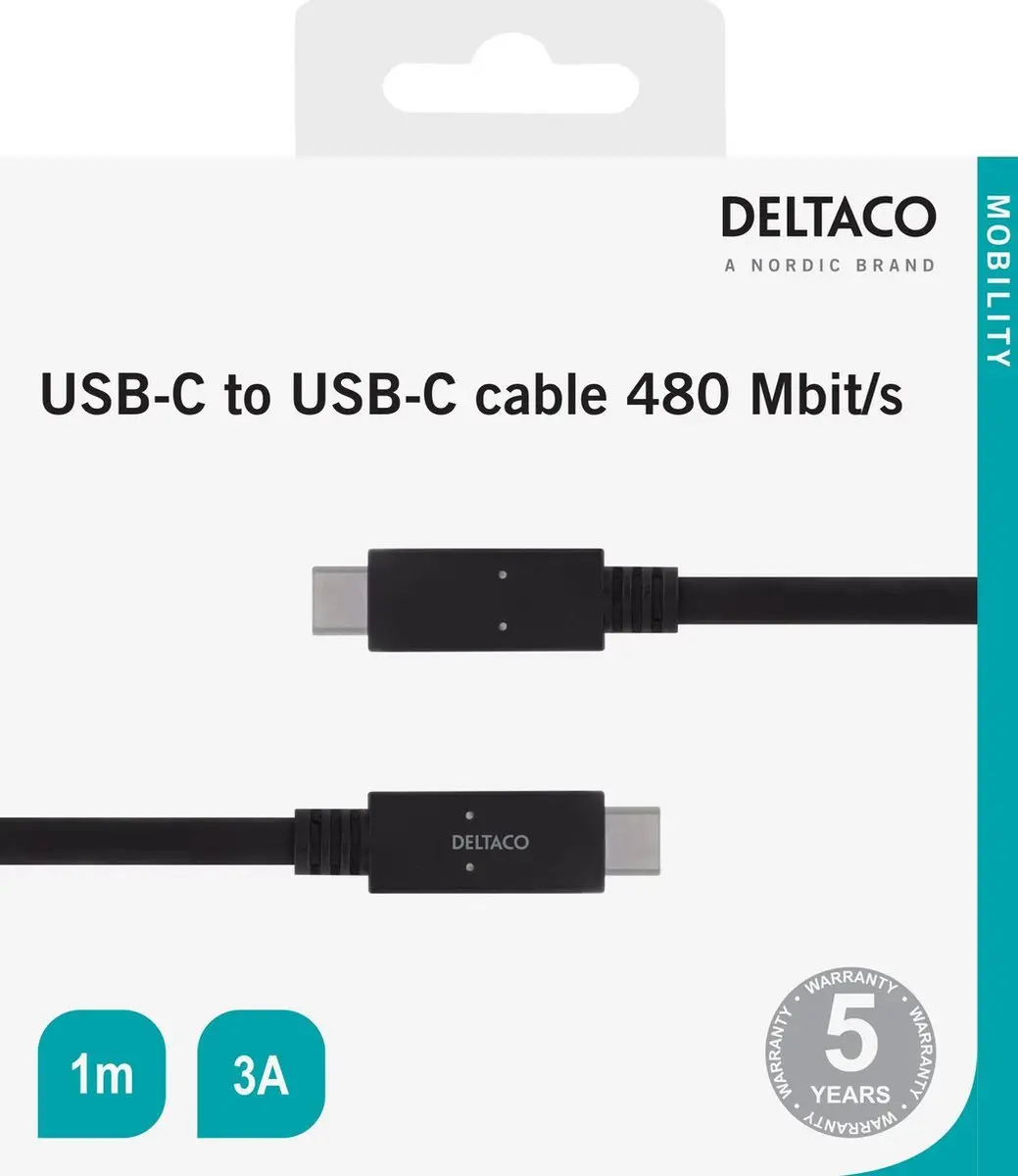 Deltaco USBC-2001M USB-C Oplaadkabel 3A 1m - Zwart