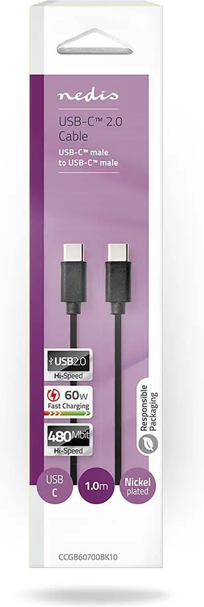 Nedis USB-C Kabel 60W 1m - USB 2.0 Male-Male - Zwart