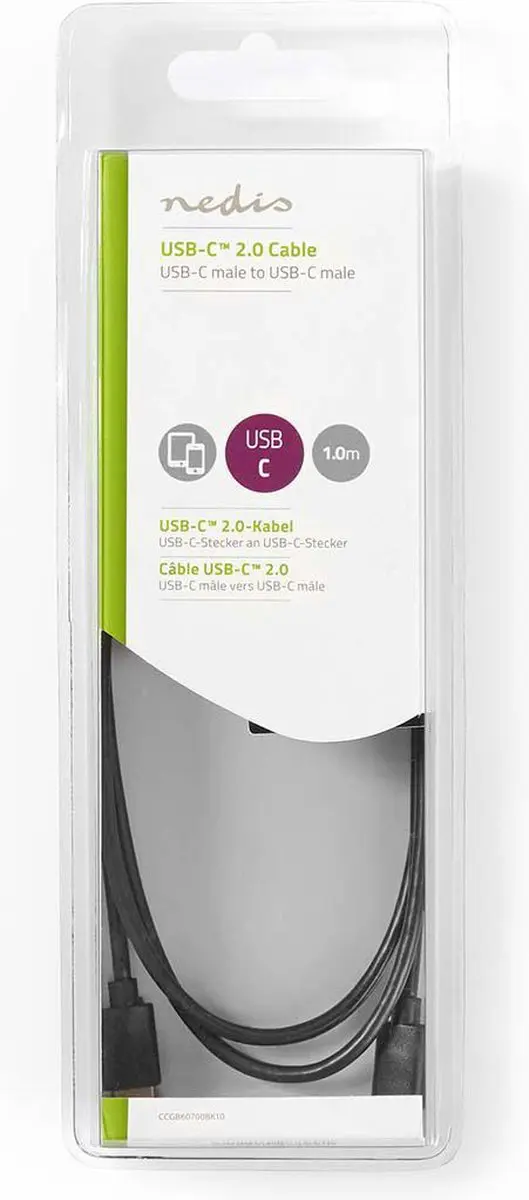 Nedis USB-C Kabel 60W 1m - USB 2.0 Male-Male - Zwart