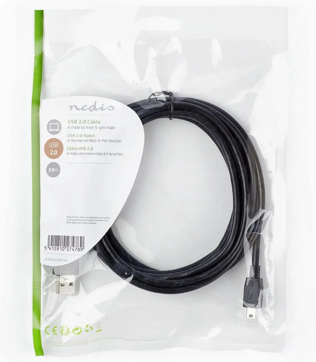 Nedis USB 2.0 Kabel USB-A naar Mini-B 5-pins 3m - Zwart