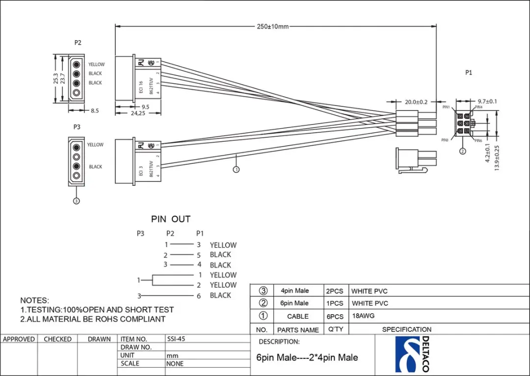 Deltaco SSI-45 Kabeladapter - 2x4-pin naar 6-pin - Zwart/Wit/Geel