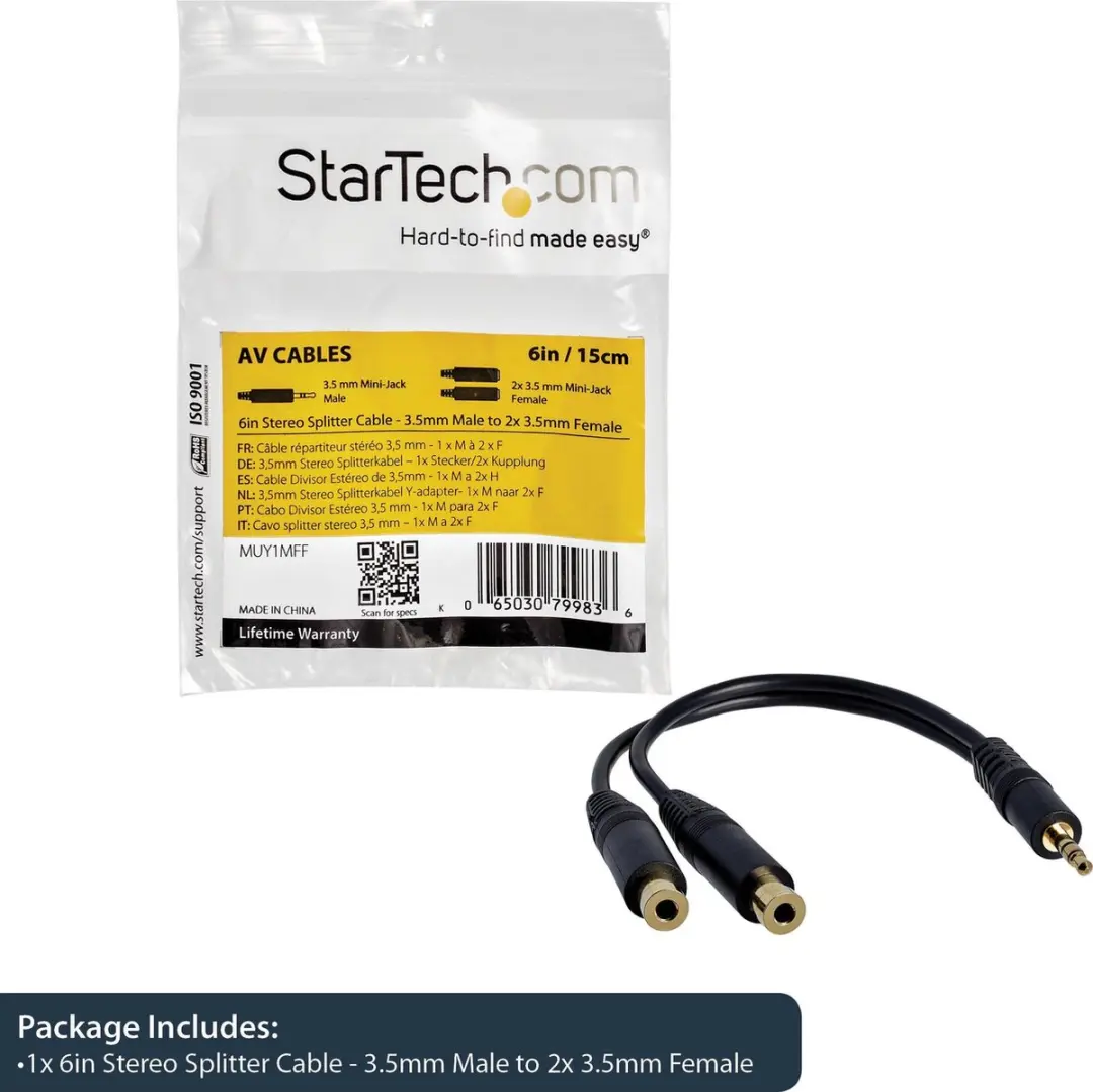 Startech MUY1MFF 3,5mm Splitterkabel - Verguld - 0,2m - afbeelding 6 van 6