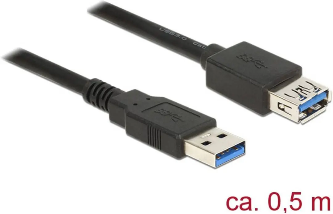 Delock USB3.0 Verlengkabel 0,5m - 2A - Zwart