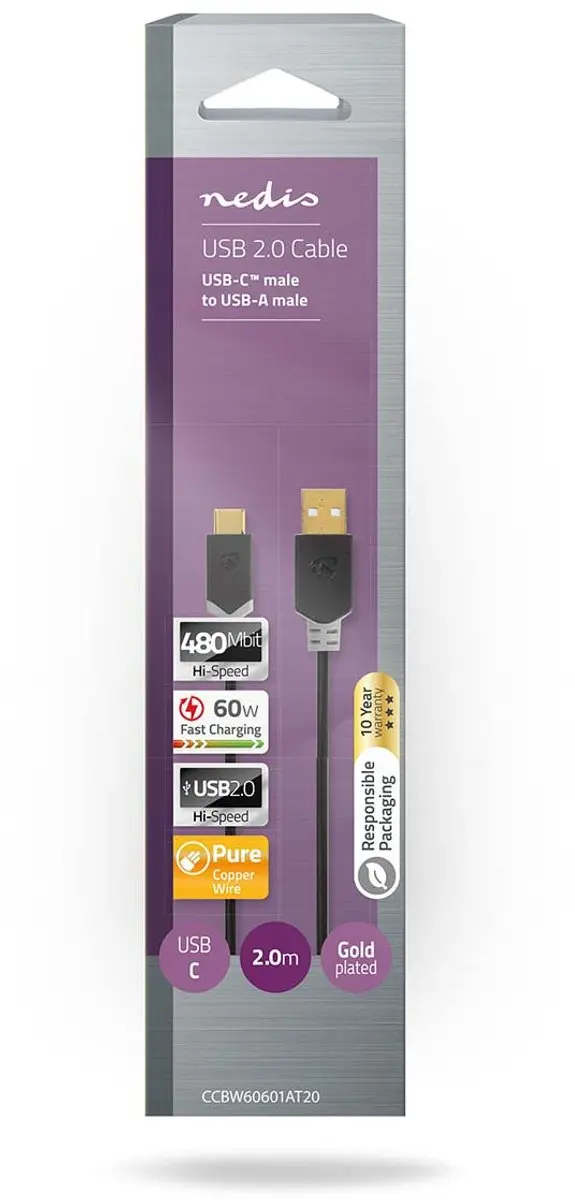 Nedis USB 2.0 USB-A naar USB-C Kabel 60W 2m - Antraciet