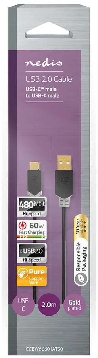 Nedis USB 2.0 USB-A naar USB-C Kabel 60W 2m - Antraciet