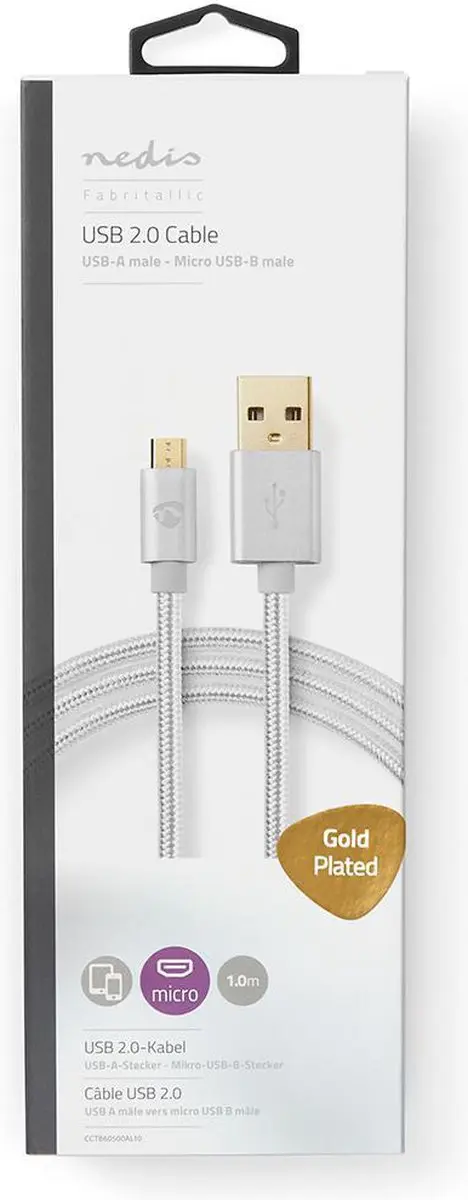 Nedis USB 2.0 Kabel A-MicroB 15W 480Mbps 1m - Verguld - Aluminium