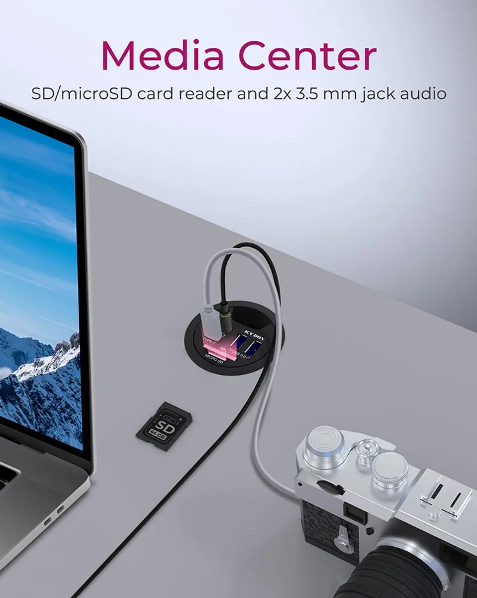 Icy Box 60304 USB 3.0 In-Desk Hub - 3 Poorten - Zwart