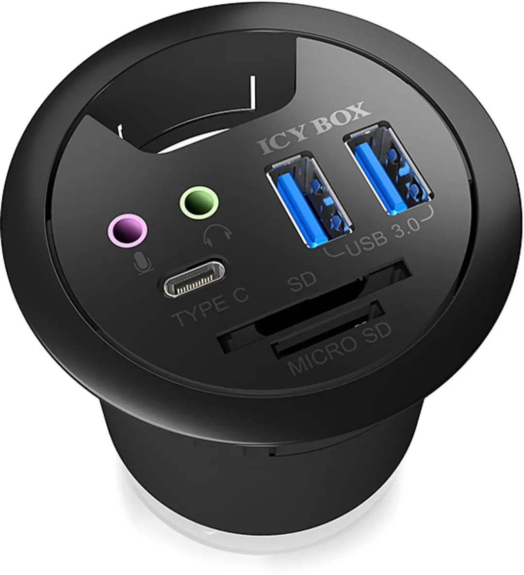 Icy Box 60304 USB 3.0 In-Desk Hub - 3 Poorten - Zwart