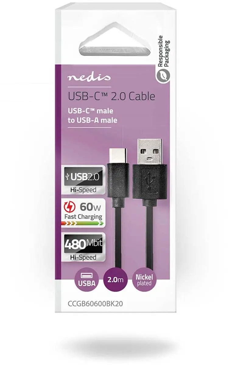 Nedis USB 2.0 USB-A naar USB-C Kabel 15W 480Mbps 2m - Zwart