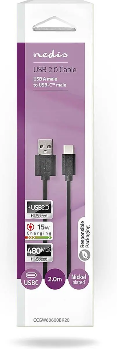 Nedis USB 2.0 USB-A naar USB-C Kabel 15W 480Mbps 2m - Zwart