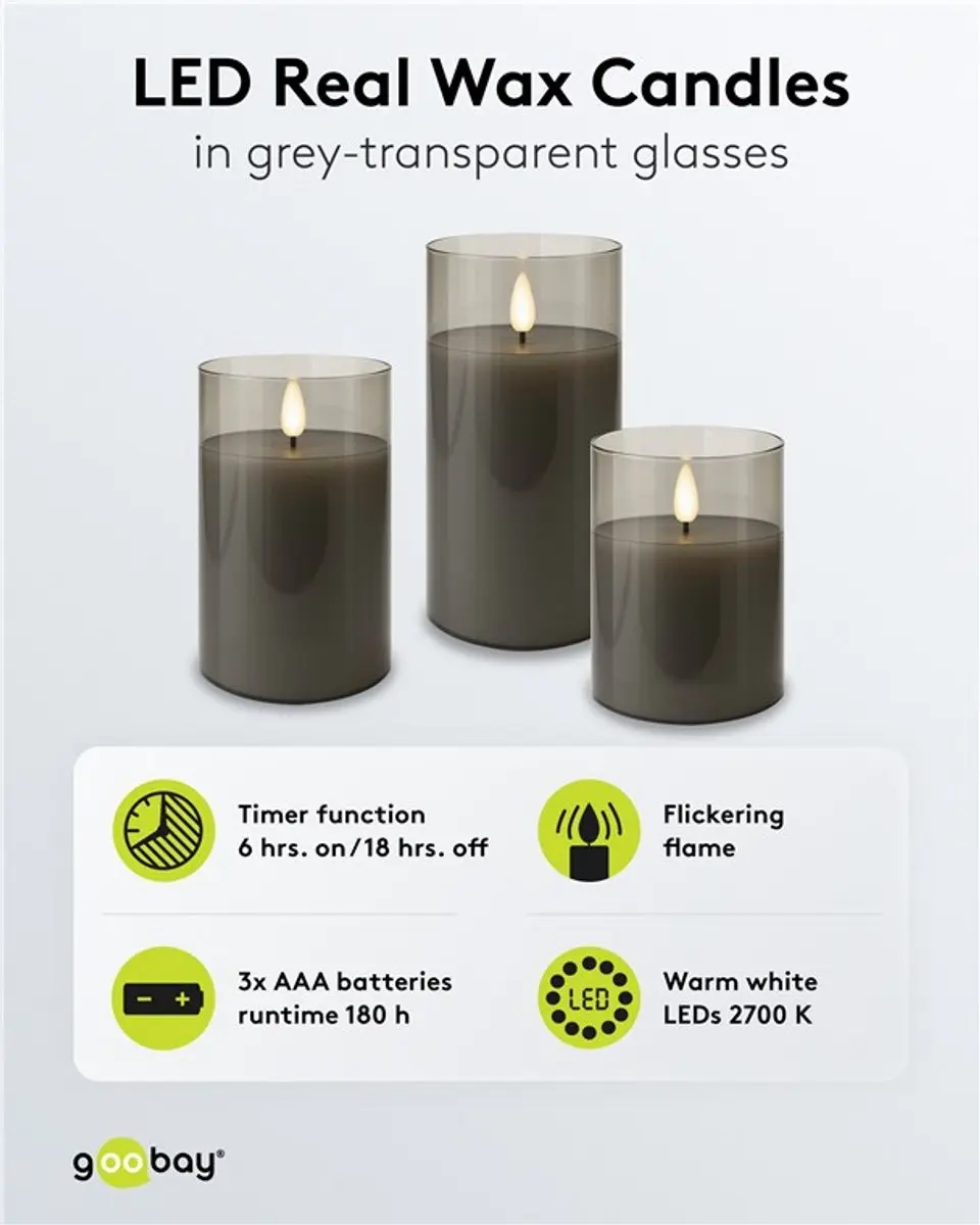 Goobay LED Kaarsen Glas Set 3 Stuks - Grijs/Transparant - afbeelding 5 van 6