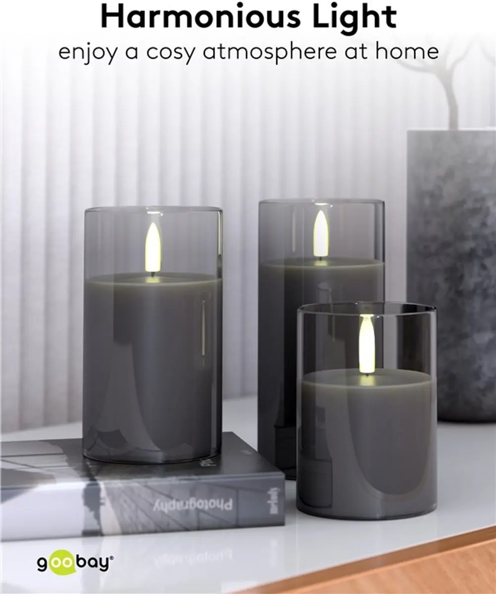 Goobay LED Kaarsen Glas Set 3 Stuks - Grijs/Transparant - afbeelding 2 van 6