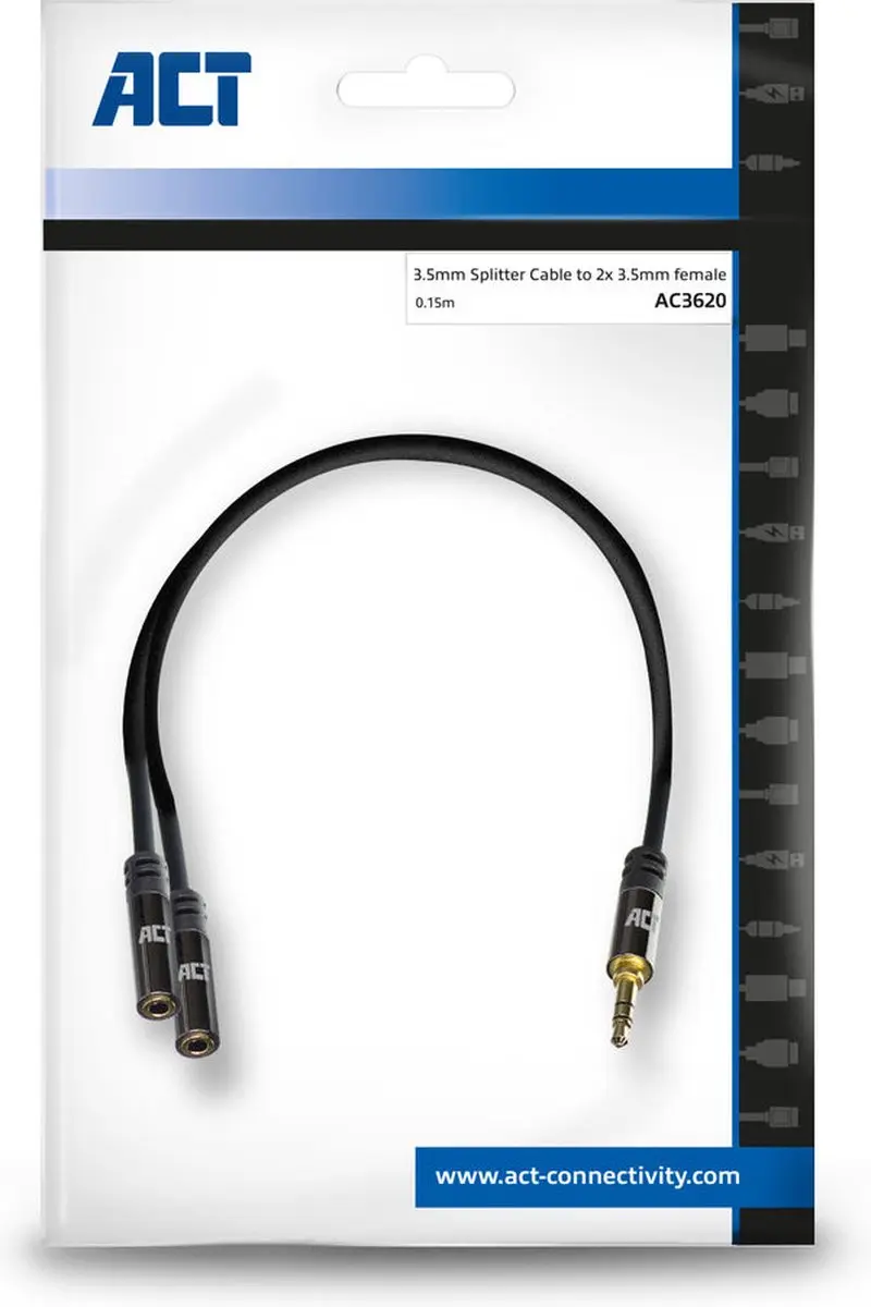 ACT AC3620 Audio Splitter 3,5mm Jack - Dual Headphone - 15cm - Zwart
