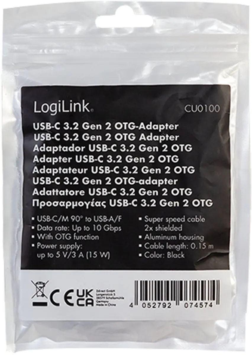 Logilink CU0100 USB Type-C naar USB Type-A Tussenstuk - Zwart