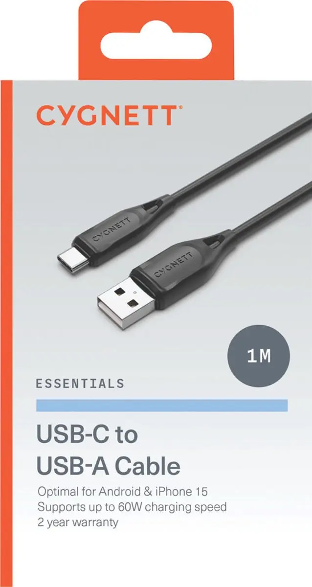 Cygnett USB-A naar USB-C Kabel 1m - Zwart