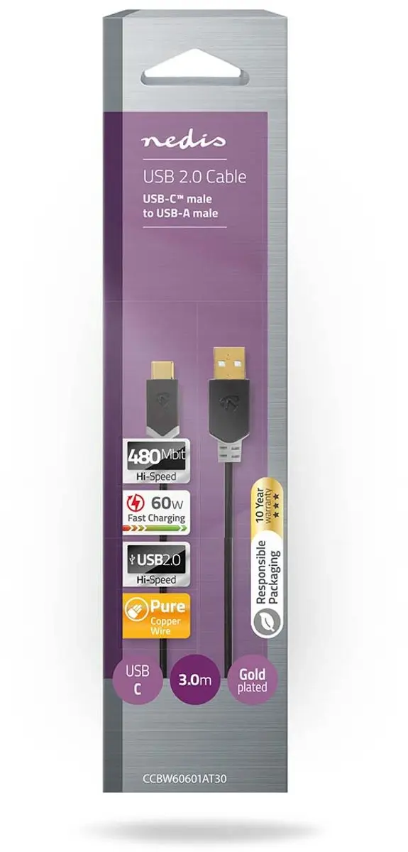 Nedis USB-C naar USB-A Kabel 60W 3m - Antraciet