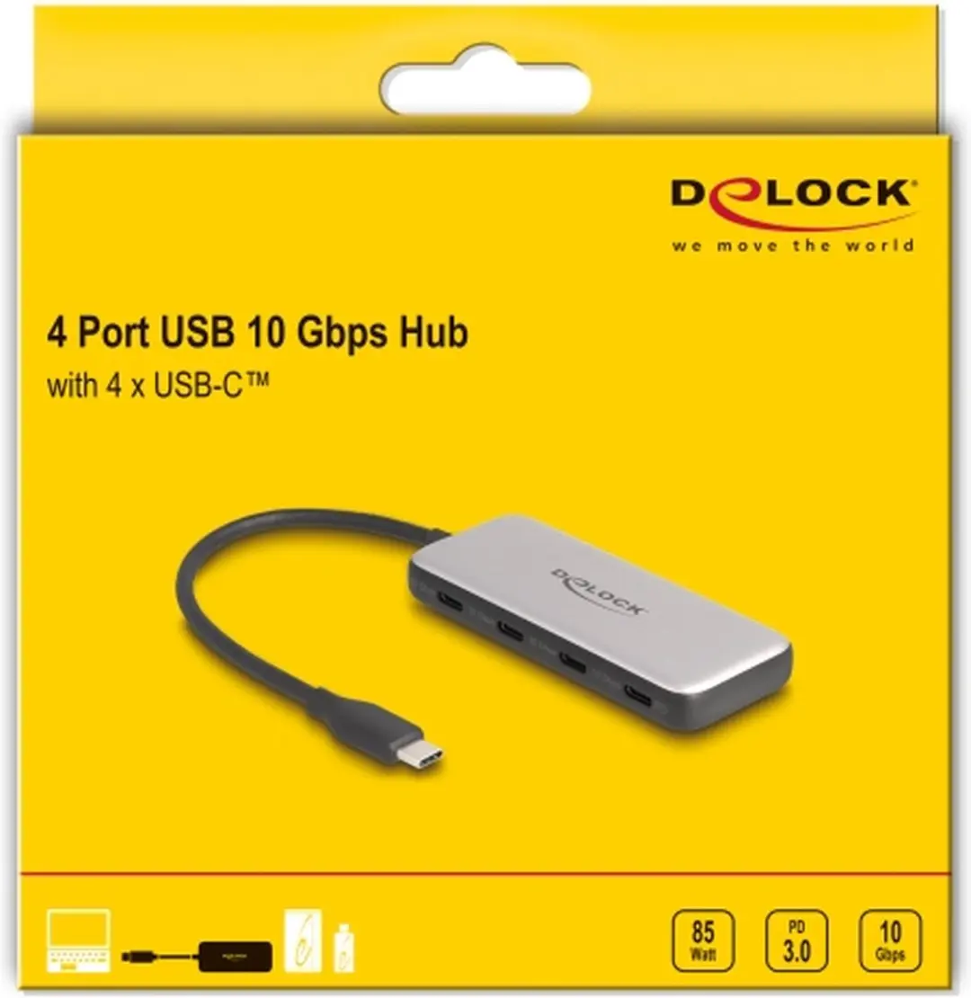 Delock 64261 USB-C Hub 4x USB-C - 10Gbps - 85W PD - Zwart/Grijs