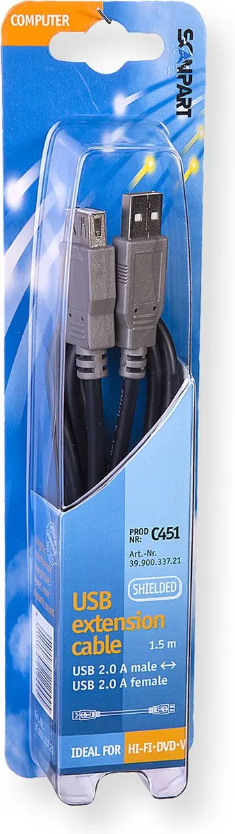 Scanpart USB Verlengkabel 1.5m A-A USB 2.0 - Zwart