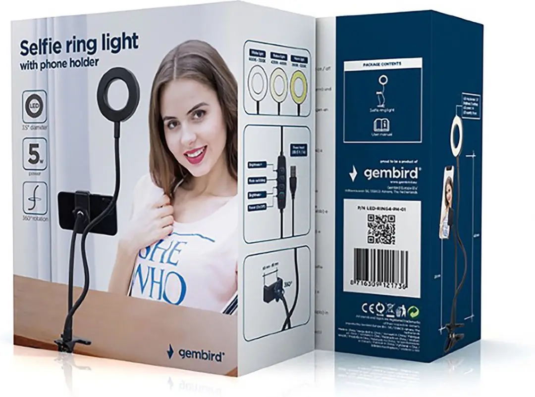 Gembird LED Selfiering met Telefoonhouder - Zwart