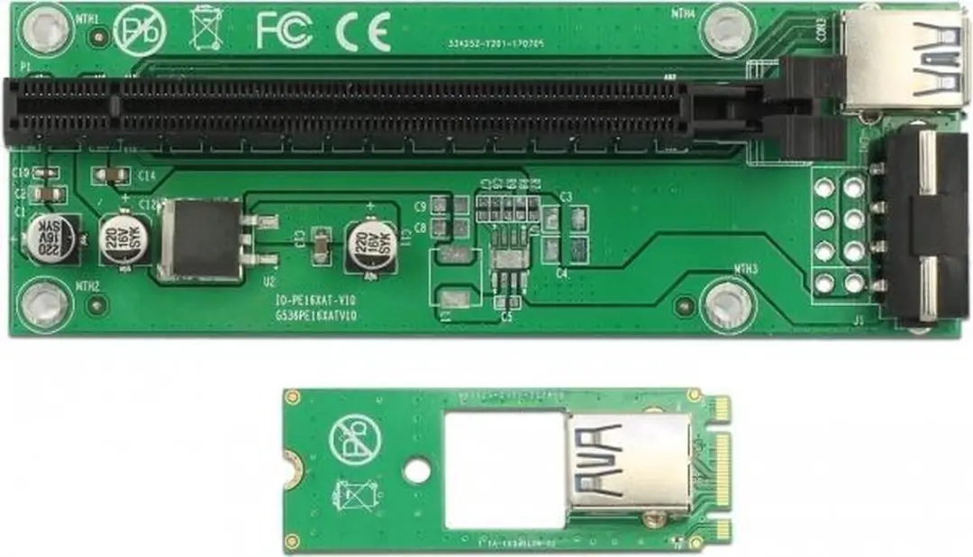 Delock M.2 Key B+M naar PCIe x16 Riserkaart - 30cm USB-kabel - Groen/Zwart