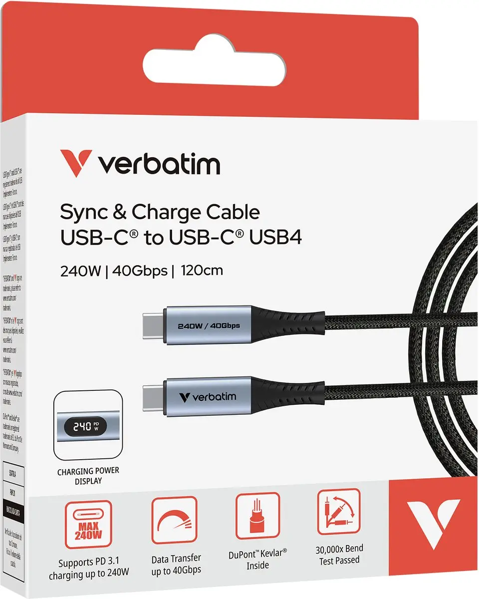 Verbatim USB-C naar USB-C Sync & Charge Kabel 40Gb/s 240W - Zwart