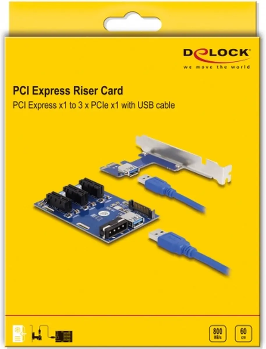 Delock PCIe Riserkaart x1 naar 3x PCIe x1 - Blauw