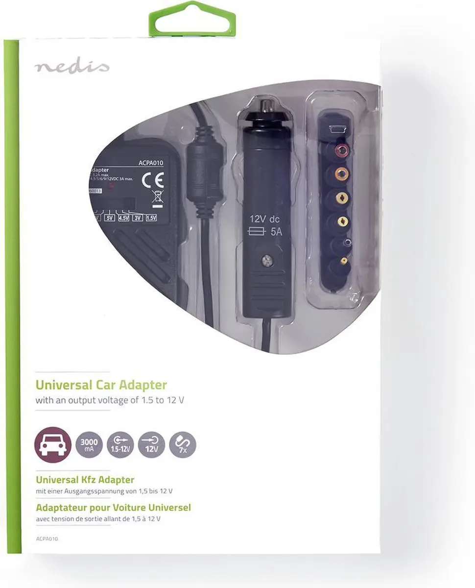 Nedis ACPA010 Universele AC-Stroomadapter 36W - 12V - 7 Pluggen - Zwart