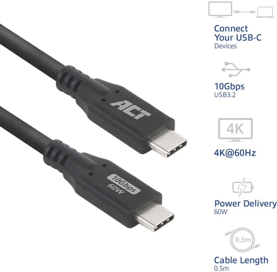 ACT AC7440 USB Type-C Kabel 10Gbps 60W - 0,5m - Zwart