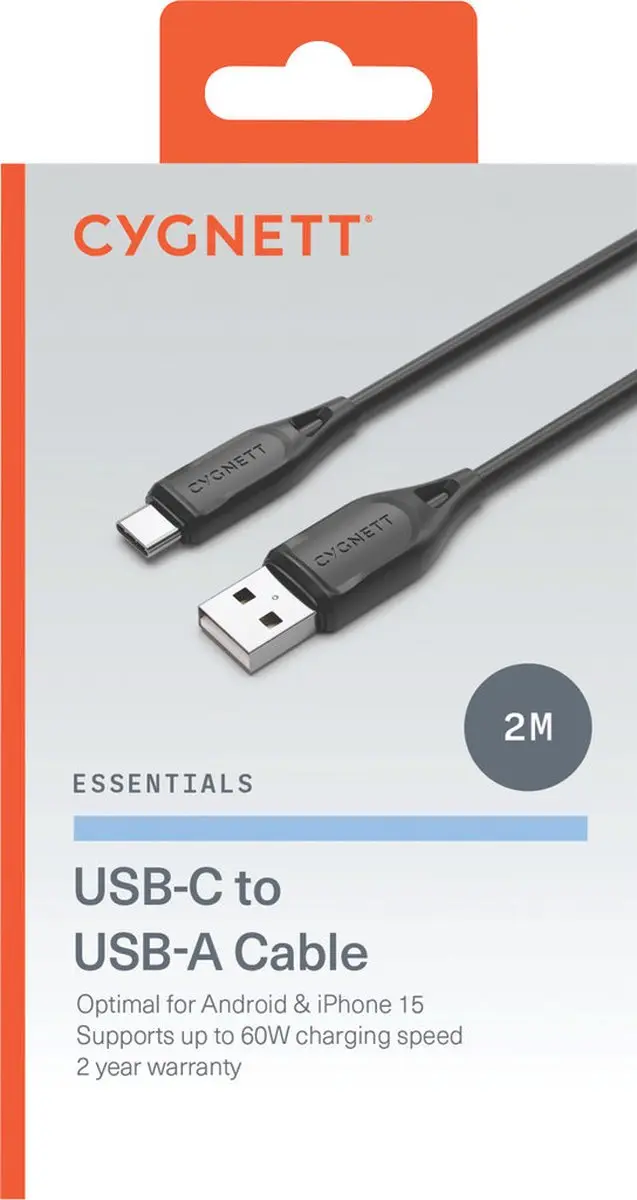 Cygnett USB-A naar USB-C Kabel 2m - Zwart
