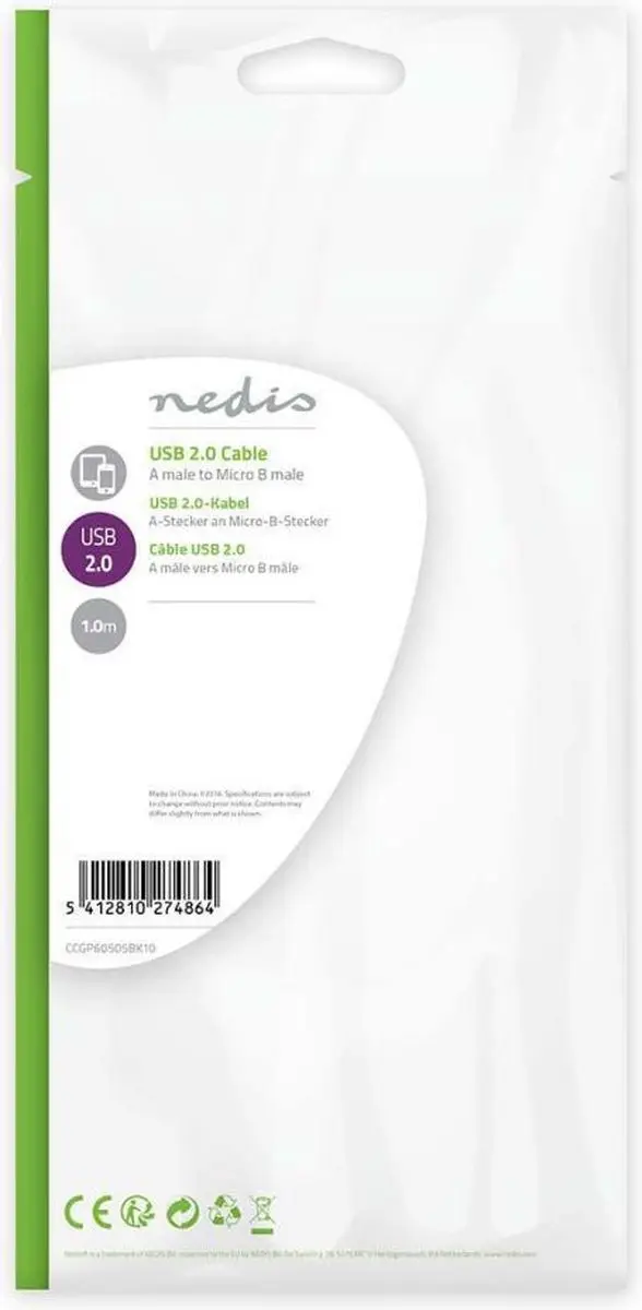 Nedis USB 2.0 A naar Micro-B Kabel 1m - Zwart