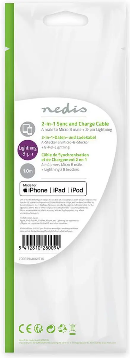 Nedis 2-in-1-Kabel USB-A Lightning/USB Micro-B 1m - Wit