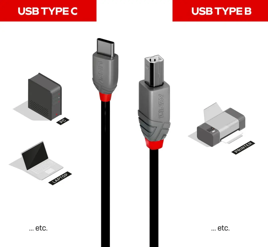 Lindy 36943 USB-kabel USB-C naar USB-B 3.0 - 3m - Zwart