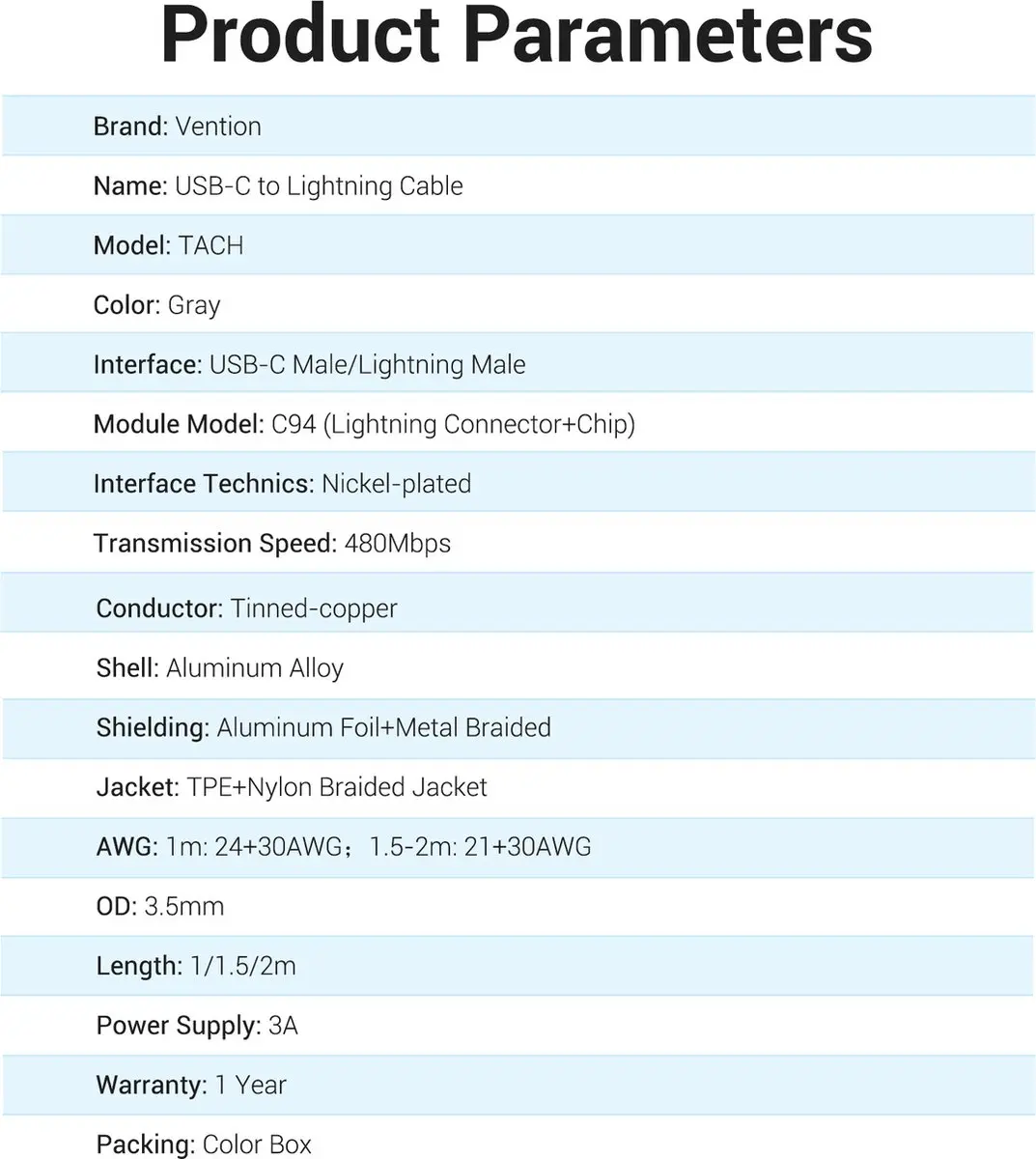 Vention USB-C naar Lightning MFi-kabel 1M - Transparent