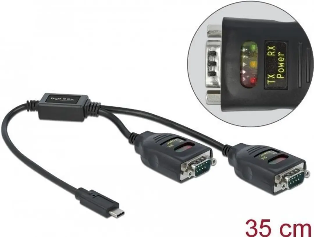 Delock USB-C naar 2x RS-232 DB9 Adapter - Zwart