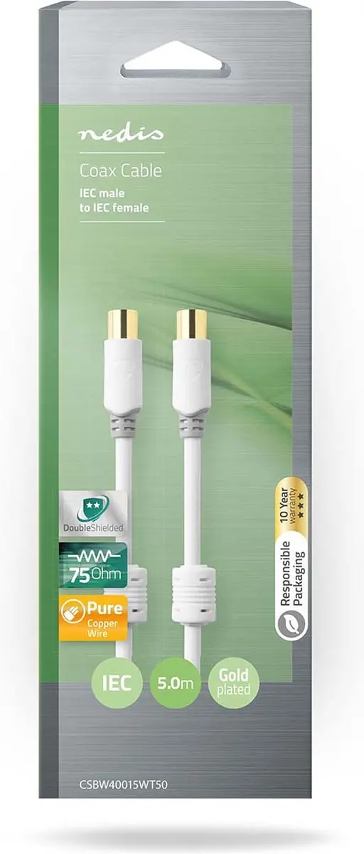 Nedis Coaxkabel CSBW40015WT50 - Verguld - 75 Ohm - 5m - Wit