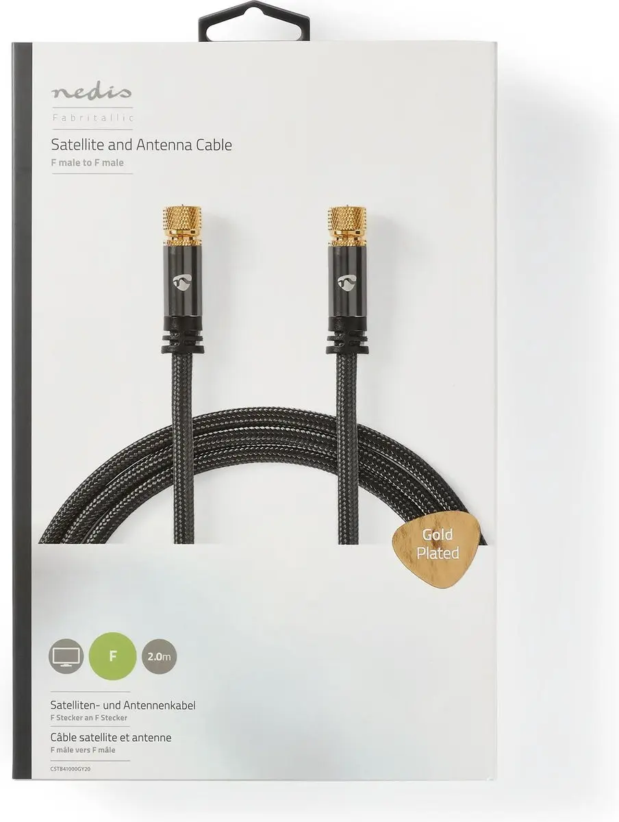 Nedis F-Male Kabel 2m - Verguld - 75 Ohm - Viervoudig Afgeschermd - Gun Metal Grijs