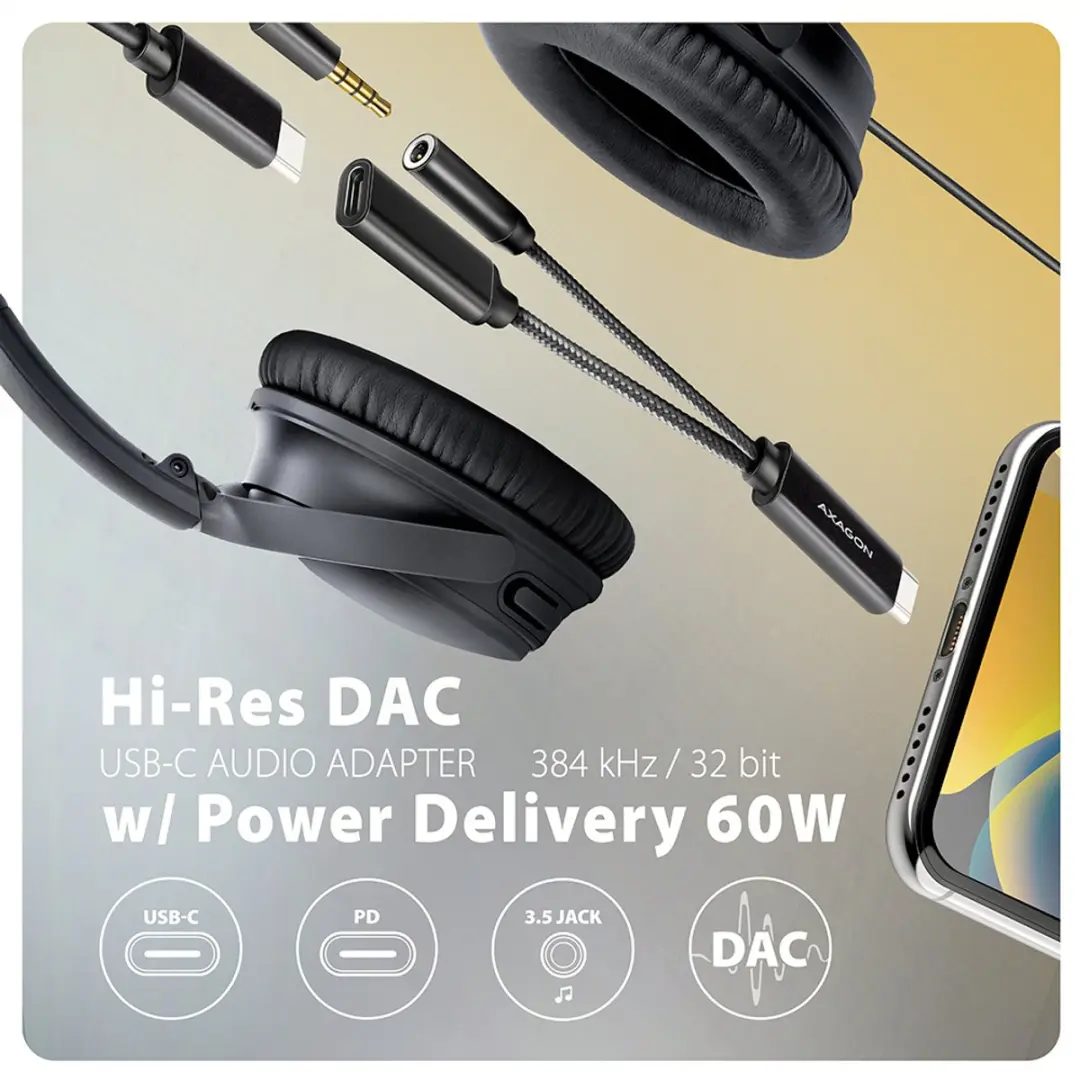 Axagon ADA-HCPD USB-C naar 3.5mm Jack - Hi-Res DAC - 384kHz/32bit - 60W PD - Zwart - afbeelding 6 van 6