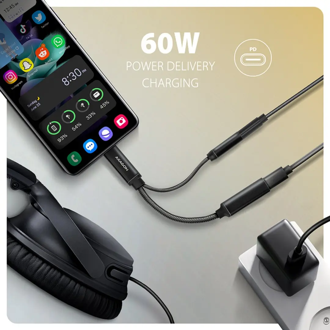 Axagon ADA-HCPD USB-C naar 3.5mm Jack - Hi-Res DAC - 384kHz/32bit - 60W PD - Zwart