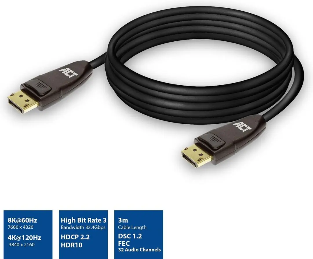 ACT DisplayPort 1.4 Kabel AC4074 8K - 3m - Zwart - afbeelding 2 van 4