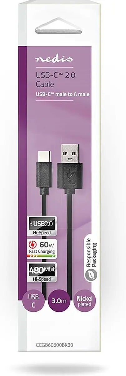 Nedis USB 2.0 USB-A naar USB-C Kabel 15W 480Mbps 3m - Zwart